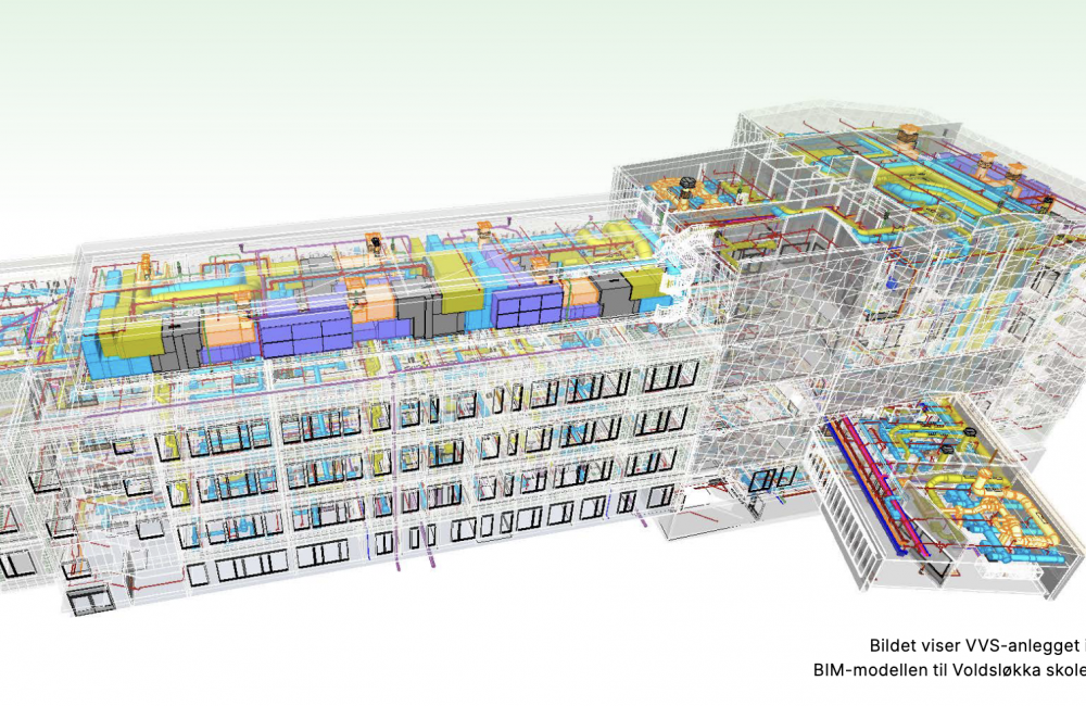 Bildet viser VVS-anlegget i BIM-modellen til Voldsløkka skole